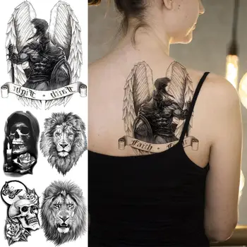 Must Tiivad Warrior Mood Tagasi Ajutine Tattoo Naised Mehed Lõvi Kolju Tõusis Realistlik Võltsitud Tätoveering Pestav Tattos Kleebis