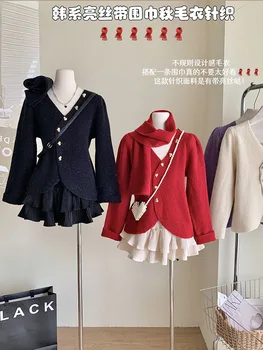 Korea Jõulud Kampsun Koos Salli Naiste V-Kaelus Soe Pullover Luksus Kudumid Jumper High Street Sügis-Talv 2000ndate Esteetiline