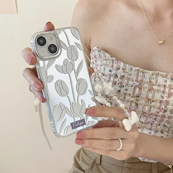 Korea Luksus Valge Tulbi Meik Peegel Case for iPhone 14 13 Pro Max 12 11 Pro Plus Akrüül Kaitsva Vibu Helmed Käevõru Kate
