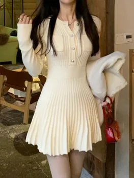 2023 Aasta Sügisel Silmkoelised Wrap Mini Naiste Kleit Plisseeritud Retro Vintage Pikad Varrukad Pool Lühikesed Kleidid Õhuke Mantel