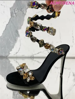 Naiste Ehteks Must Pool Sandaalid Kristall Pärl Elegantsed Kõrge Kontsaga Kingad Crystal Stiletto Hüppeliigese Väänamine 2023 Suvel Disainer Kingad Pluss Suurus