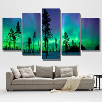 Elutoa Seina Art Pilte, HD Trükitud 5 tk/Tk Roheline Aurora Borealis Kaasaegne Raamimata Maali Lõuendile Home Decor Plakatid