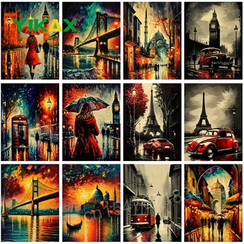 Kokkuvõte Londoni, Pariisi Tänaval Maastiku Plakati printimine Home Decor Kaasaegne Punane Buss, Auto, Eiffeli Torn Jõupaber Wall Art