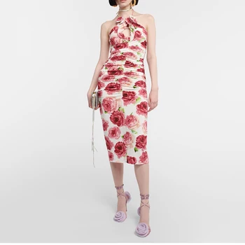 Seksikas Backless Varrukateta Naiste kleidid Tõusis Printida 3D Lillede Kaunistamiseks Rippus Kaelas Lips Varruka Pikkus peokleidid 2023 Sügisel Uus