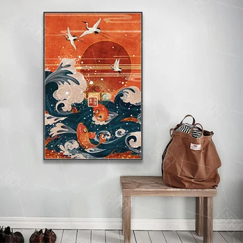 Retro Lõuend Art Print Maali Jaapani Stiilis Laine Kraana Punane Päikeseloojang Maastiku Seina Pildid elutuba Home Decor Plakatid