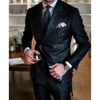 Meeste Ülikond Triibuline kaherealine Ülikond 2-osaline Komplekt Sobiks 2023 Uusima Stiili Slim Mood Smoking Custom (Jope+Püksid)